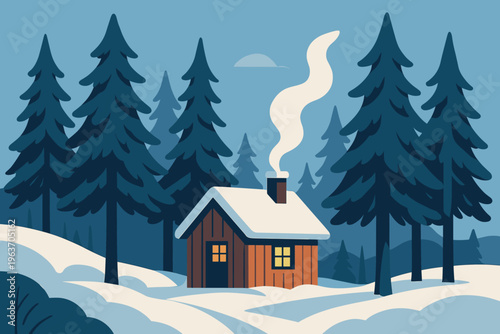Cozy wooden cabin nestled in a snowy forest with smoke rising from the chimney