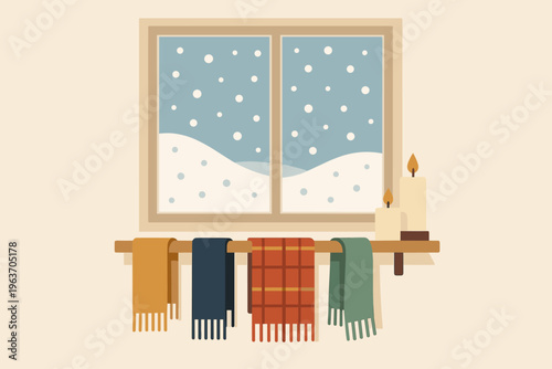 Cozy winter window scene with falling snow and warm scarves on a shelf