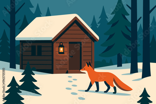 A lone fox walks through the snow near a rustic wooden cabin in a winter forest