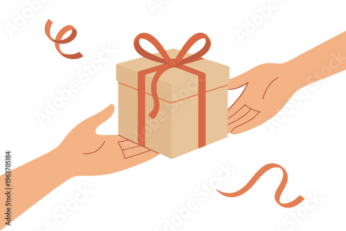 Hands exchanging a gift box with ribbon, symbolizing giving and receiving