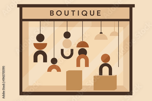 Modern boutique storefront display with abstract geometric shapes and minimalist decor