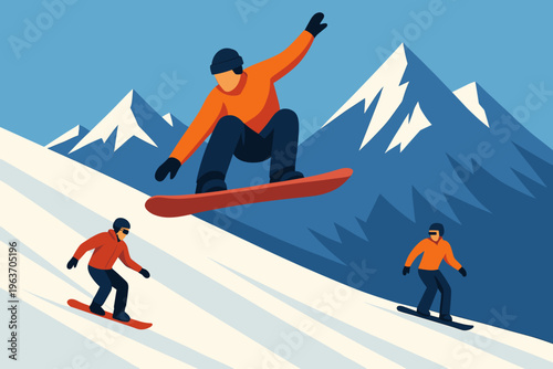 Snowboarders enjoying a winter mountain descent with one airborne trick