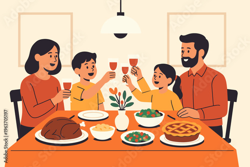 Family enjoying a festive dinner together, raising glasses in a toast