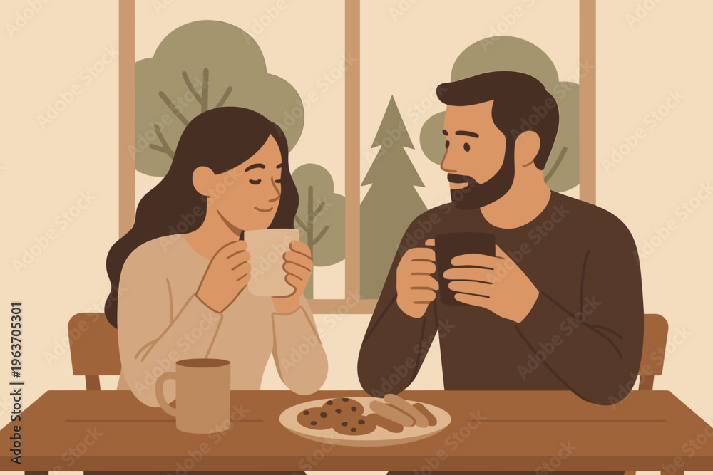 Fototapeta premium Couple enjoying a warm drink and cookies together by the window