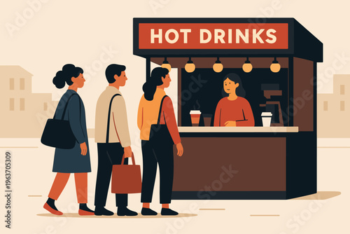 People patiently queueing at a street food stall for hot drinks on a city street