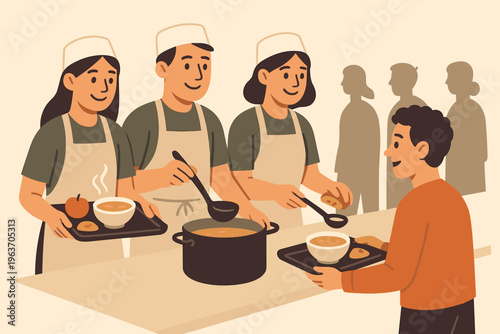 Volunteers serve warm soup and bread to people in need at a community kitchen