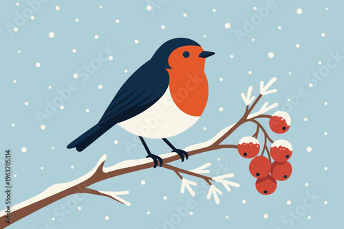 Charming robin perched on a snow-covered branch with red berries during winter snowfall