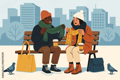 Friends sharing winter scarves and coffee on a park bench with city background