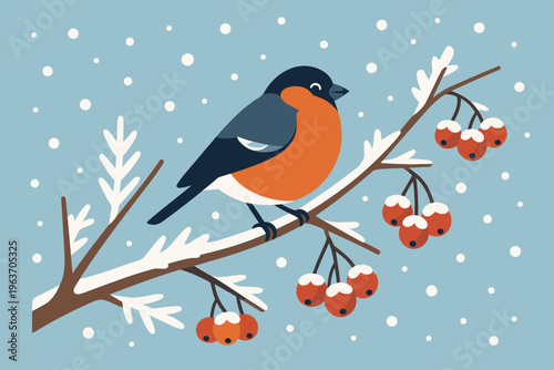 Charming bullfinch bird perched on a snow-covered branch with berries