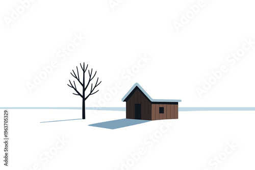 Minimalist winter scene with a bare tree and a snow-covered cabin in a vast white landscape