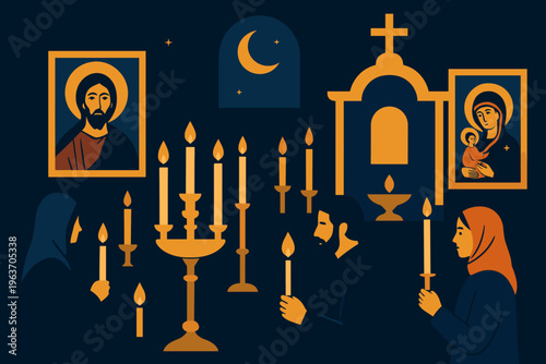 Candlelit Orthodox Christian service with icons and praying figures at night