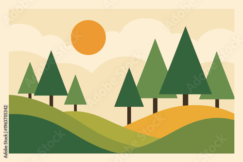 Minimalist landscape with stylized trees and rolling hills under a bright sun