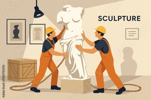 Art handlers carefully install a classical sculpture in a museum setting