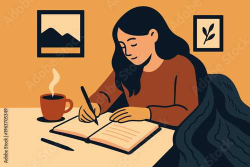 Woman journaling with a warm drink and cozy blanket on a peaceful evening