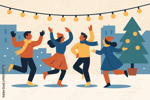 Joyful people dancing under festive string lights during a winter celebration