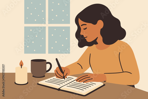 Cozy winter journaling session with a warm drink and candle light by the window