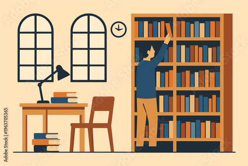 Man browsing bookshelves in a cozy library with a desk and lamp