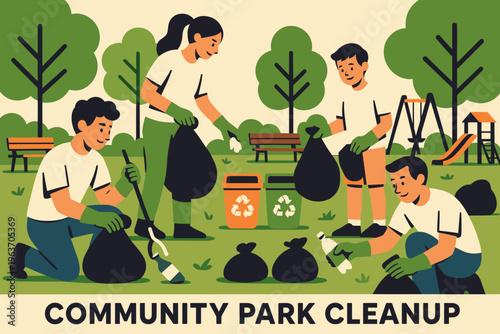 Volunteers cleaning up a park, collecting trash and recycling for a greener environment