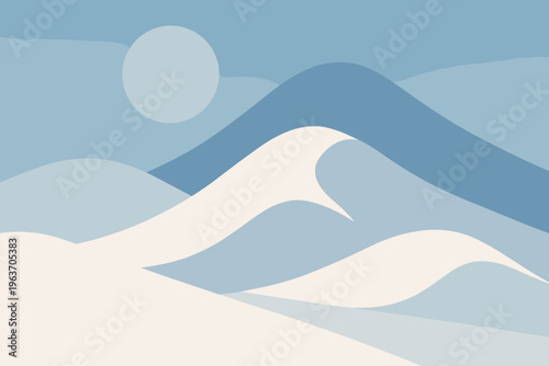 Minimalist abstract landscape with soft blue hues and flowing shapes