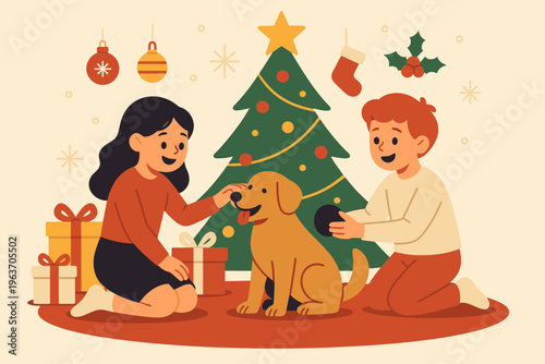 Joyful children and dog celebrating Christmas by decorating the tree together
