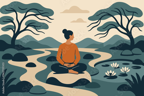 Serene meditation garden with a person practicing mindfulness by a tranquil pond