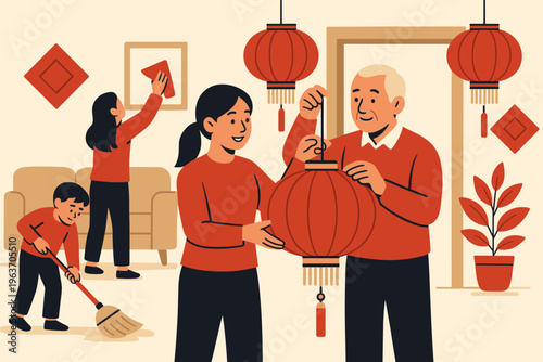 Family preparing for Lunar New Year by decorating and cleaning their home