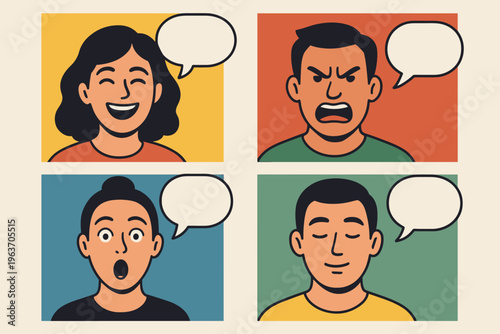 Four diverse people express different emotions with speech bubbles above their heads
