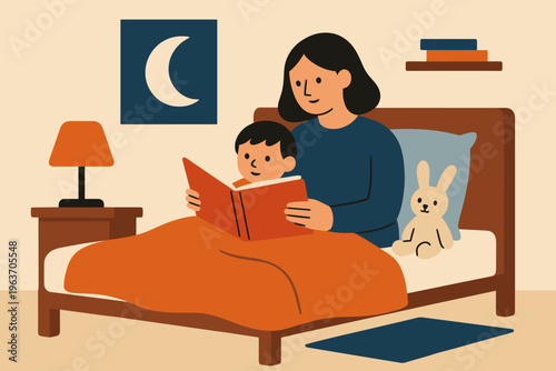Mother reading a bedtime story to her child in a cozy bedroom at night