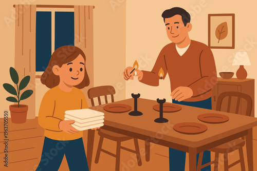 Father and daughter setting the table for a family dinner by candlelight