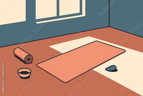 Minimalist yoga mat and accessories set up in a serene room with natural light