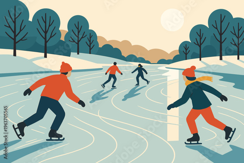 People ice skating on a frozen river surrounded by snowy trees and hills