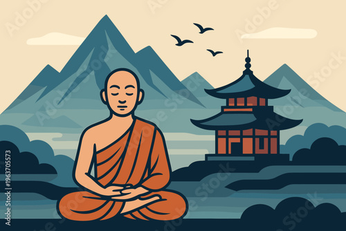 Monk meditating peacefully in lotus pose with mountains and temple background