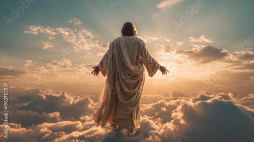 Jesus Christ above clouds with light for Easter concept