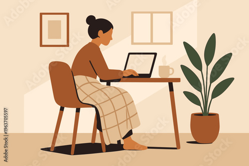 Cozy home office scene with a woman working on her laptop and a plant