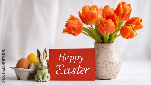 Easter greeting card with tulips bunny and decorative eggs