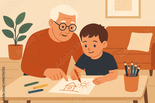 Grandfather patiently guides his grandson while drawing a house and sun together
