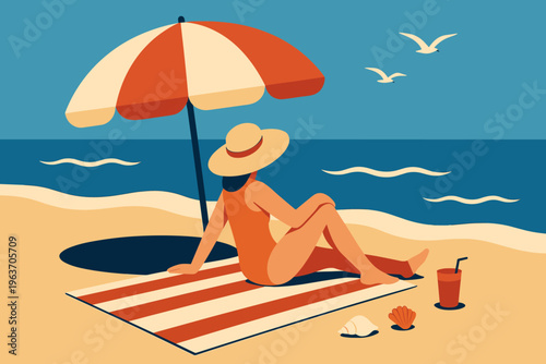 Woman in a hat relaxing under a beach umbrella with a drink and shells nearby