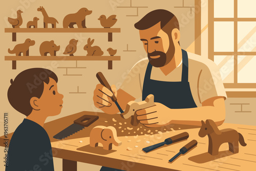 Father and son crafting wooden toys together in a workshop, a bonding moment