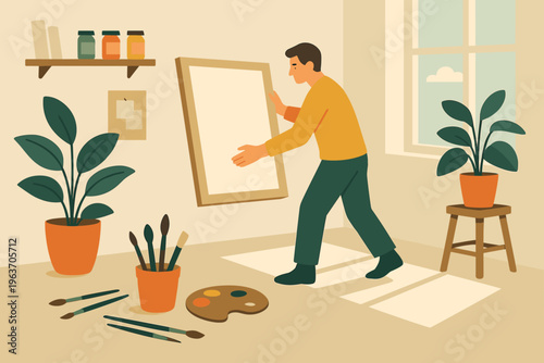 Artist arranging blank canvas in studio with plants and art supplies