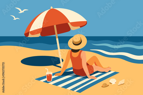 Woman in straw hat relaxes under beach umbrella with drink and ocean view