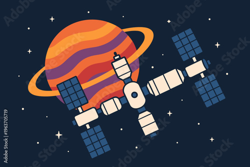 Space station orbiting a colorful ringed planet with stars in the background