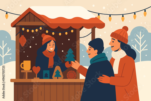 People buying Christmas trees at a festive winter market stall with string lights