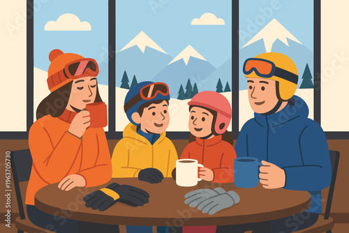 Family enjoying hot drinks in a cozy cafe after skiing with mountain views