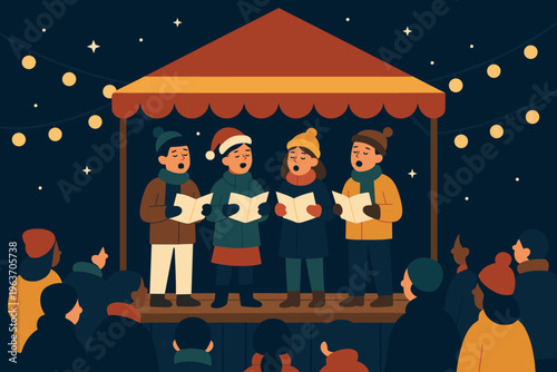 Children's choir sings carols on a stage at night with festive lights and stars