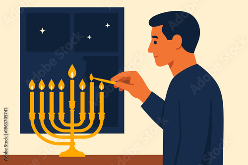 Man lighting Hanukkah candles on a menorah by the window at night
