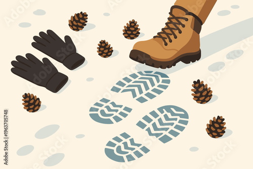 Winter hiking boot prints and pinecones on a snowy path