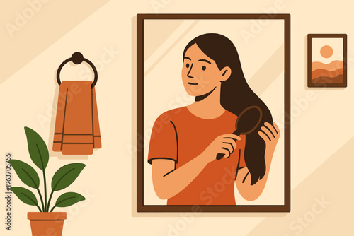 Woman brushing her long dark hair in front of a mirror in a minimalist bathroom