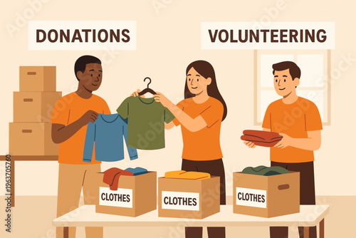 Volunteers sorting clothes for donations and community support initiatives