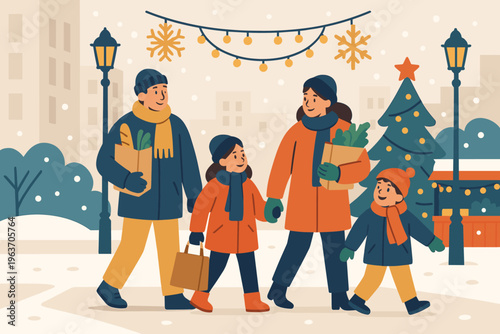 Family enjoys a festive winter stroll through a decorated town square during snowfall