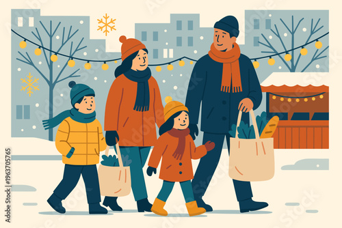 Family enjoys a winter stroll at a festive outdoor market with holiday lights